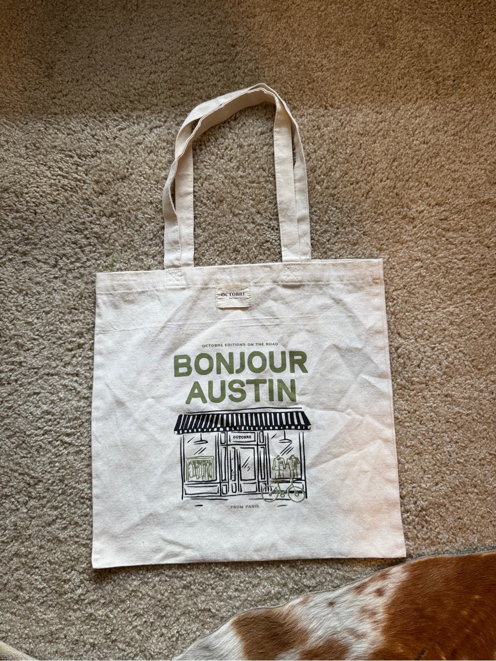 Sézane Octobre Bonjour Austin Canvas Tote Bag - Olive & Black Print